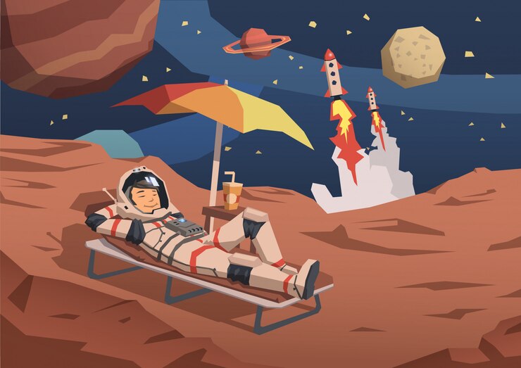 Vector astronauta en traje espacial tomando un cóctel en una hamaca en un planeta alienígena con cohetes lanzándose cerca.