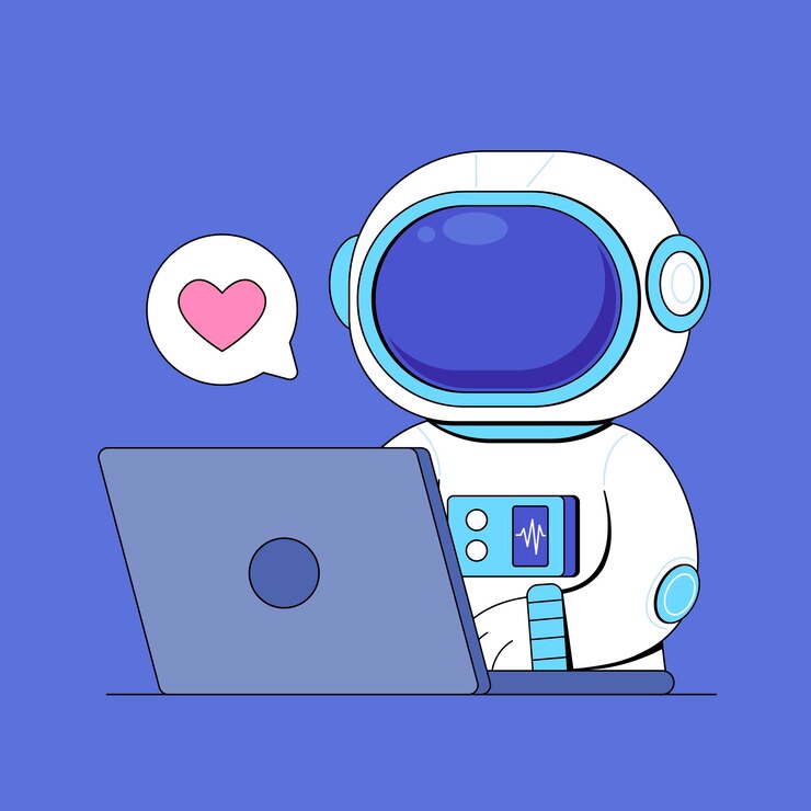 Vector astronauta usando una computadora portátil con un símbolo de corazón