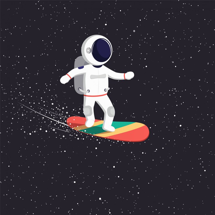 Vector el astronauta viaja en tablero volador en el universo. camino cósmico del hombre del espacio a través del universo.
