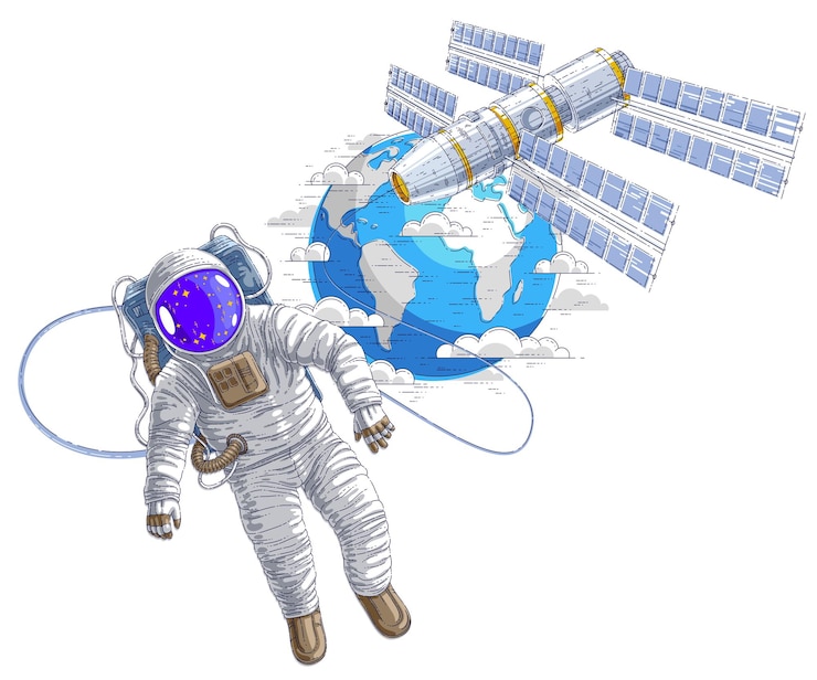 Vector astronauta volando en el espacio abierto conectado a la estación espacial y el planeta tierra en el fondo, astronauta hombre o mujer en traje espacial flotando en la ingravidez y la nave espacial detrás de él.
