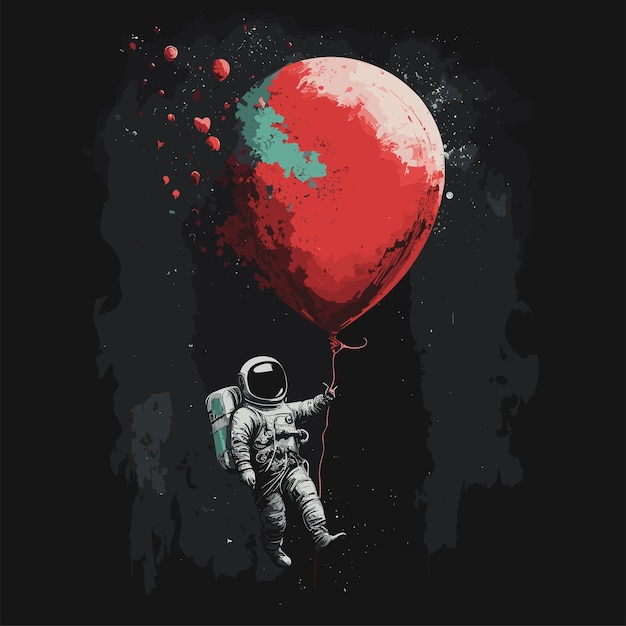 El astronauta vuela con un gran globo rojo estilo banky diseño de impresión infantil ilustración vectorial digital