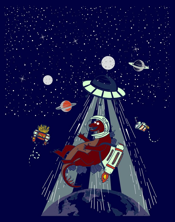 Vector astronauta vuela con jetpack en el espacio cerca del planeta y las estrellas