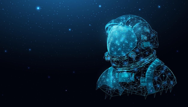 Astronauta de wireframe en la galaxia espacial de cerca Futurista cosmonauta poligonal casco espacial