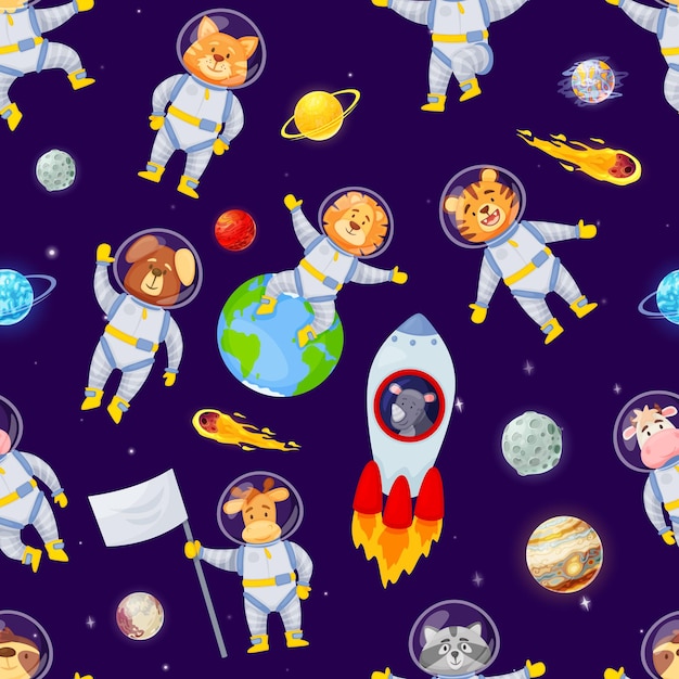 Astronautas de animales de dibujos animados volando en el espacio con planetas de patrones sin fisuras. Lindos animales astronautas, perezosos, leones, zorros, textura de vector infantil. Personajes que viajan en cohete entre cometas que caen.