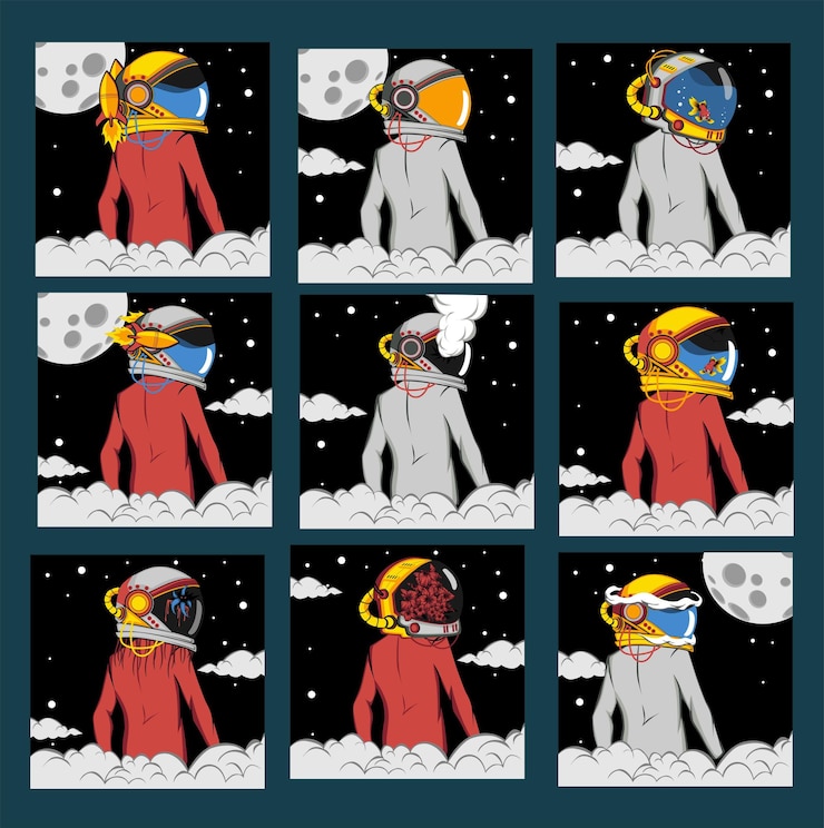 Vector astronautas en el espacio con cascos steampunk