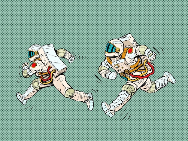 Vector los astronautas están corriendo una carrera espacial, deportes y un estilo de vida saludable, gente en trajes espaciales.