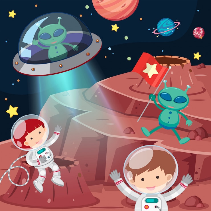 Vector astronautas y extraterrestres explorando el espacio