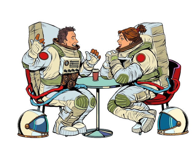 Astronautas, hombre y mujer, pareja, fecha, en, un, café, reunión, dos, amigos