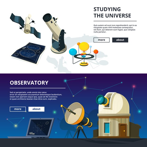 Astronomía. conjunto de plantillas de banner de vector de tema de ciencia