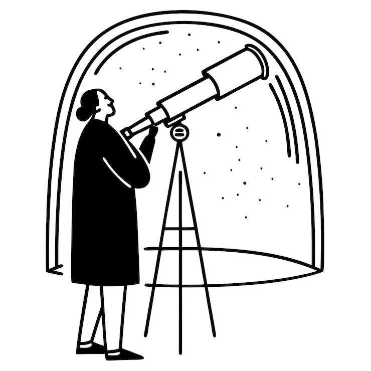 Vector astrónomo mirando a través del telescopio observación del cielo nocturno científico explorando las estrellas del espacio descubrimiento celeste en el observatorio