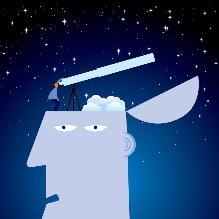 Vector astrónomos observando imágenes celestiales, en la cabeza. en el cielo nocturno, las estrellas son brillantes.