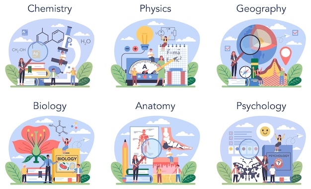 Asunto escolar natural o conjunto de clases educativas. Estudiante de ciencias naturales. Biología, química, física, geografía. Sistema de educación escolar moderno. Ilustración de vector plano aislado