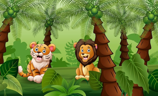 Vector asusta a un león y un tigre en la ilustración de la jungla de palmeras