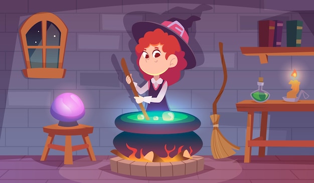 Asustadiza bruja divertida niña con sombrero púrpura y vestido vector exacto fondo de cuento de hadas