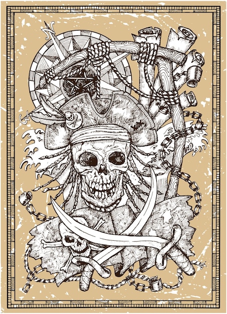 Asustadizo cráneo de pirata en la horca con la bandera jolly roger sables brújula en el marco en la textura