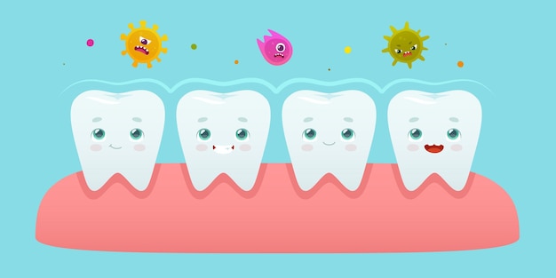 Ataque bacteriano y aura de protección en la fila de dientes en la encía Ataque de microbios de dibujos animados Ilustración de problemas dentales para niños