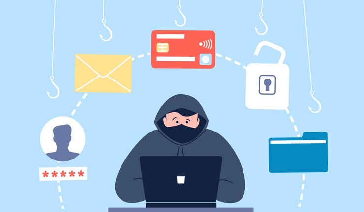 Vector ataque de hackers protección de crackers y fraude de correo electrónico dinero y datos phishing y estafa cibernética robo de información personal escena vectorial reciente de crimen de hacker e ilustración de crimen de ladrón