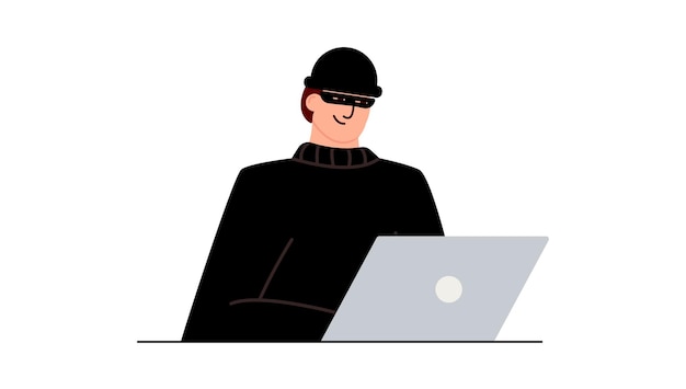 Ataque de piratas informáticos. Fraude con datos de usuarios en redes sociales. Phishing en Internet, contraseña pirateada. Ciberdelincuencia y delincuencia. Un ladrón en un sitio web en línea en Internet. El criminal detrás de una computadora portátil, computadora.