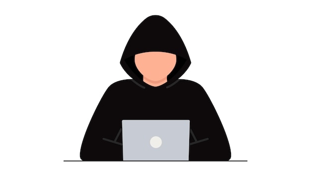Ataque de piratas informáticos. Fraude con datos de usuarios en redes sociales. Suplantación de identidad en Internet, contraseña pirateada. Cibercrimen y delincuencia. Un ladrón en un sitio web en línea en Internet. El criminal detrás de una computadora portátil, computadora.