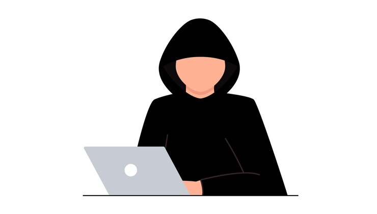 Vector ataque de piratas informáticos. fraude con datos de usuarios en redes sociales. suplantación de identidad en internet, contraseña pirateada. cibercrimen y delincuencia. un ladrón en un sitio web en línea en internet. el criminal detrás de una computadora portátil, computadora.