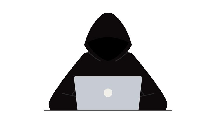 Vector ataque de piratas informáticos. fraude con datos de usuarios en redes sociales. suplantación de identidad en internet, contraseña pirateada. cibercrimen y delincuencia. un ladrón en un sitio web en línea en internet. el criminal detrás de una computadora portátil, computadora.