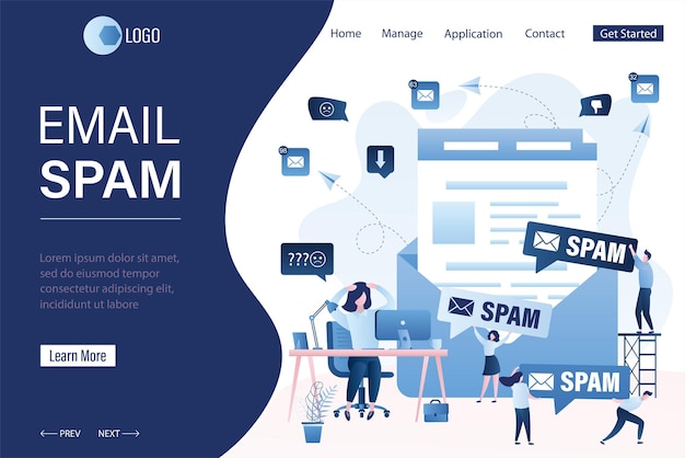 Ataque de spam y hacking plantilla de página de aterrizaje vectora plana de mujer de negocios infeliz