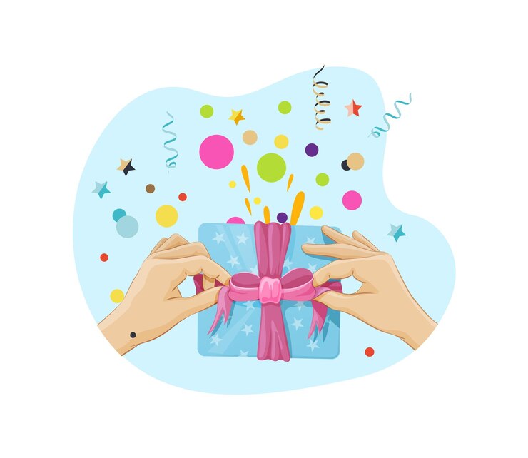 Vector atar lazo a mano en una pequeña caja de regalo persona que recibe una caja de regalo en el aniversario de cumpleaños de navidad y otras ocasiones similares manos sosteniendo un regalo con confeti volando alrededor