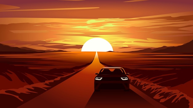 Atardecer en la carretera con un coche conduciendo por la carretera.