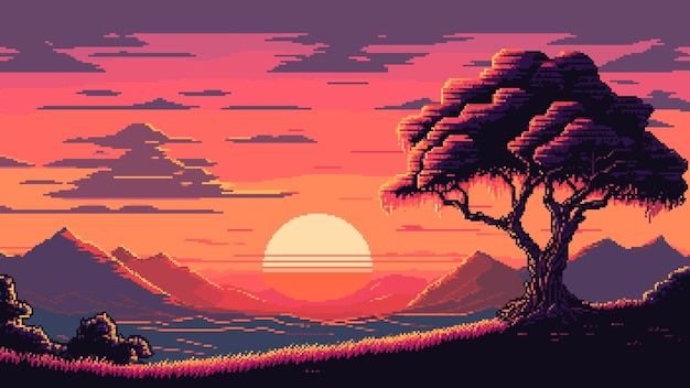 Atardecer en el paisaje de las montañas escena de juego de píxeles de 8 bits generada por ia activo de diseño de nivel de videojuego 2d vintage fondo de vector de consola de 16 bits o fondo de pantalla de arcade de 8 bits con paisaje africano