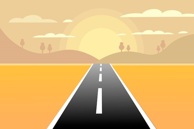 Atardecer paisajístico vectorial con una carretera