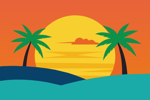 un atardecer con palmeras en la playa y una puesta de sol