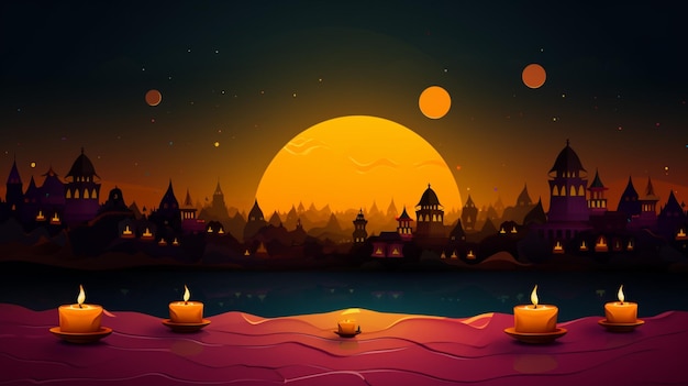 Vector un atardecer con una puesta de sol y un lago con muchas velas