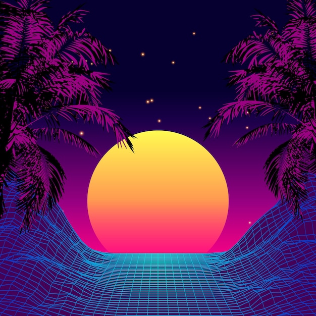 Atardecer tropical estilo retro de los años 80 con silueta de palmera y fondo de cielo degradado. Diseño retro clásico de los 80. Superficie cibernética de paisaje digital.