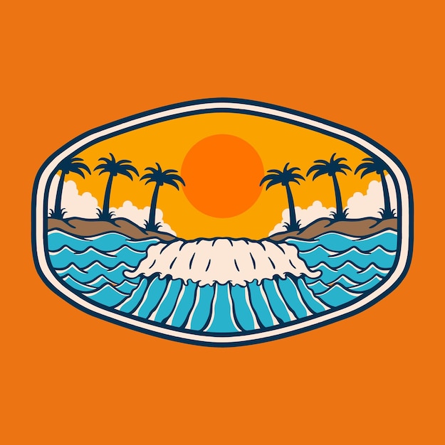 Vector el atardecer de verano en el océano badge logo diseño ilustración vectorial