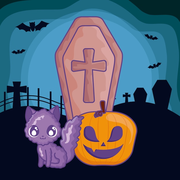 Ataúd de madera con cruz cristiana en la escena de halloween