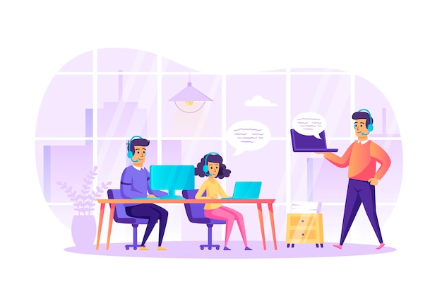 Atención al cliente en el concepto de diseño plano de oficina con escena de personajes de personas