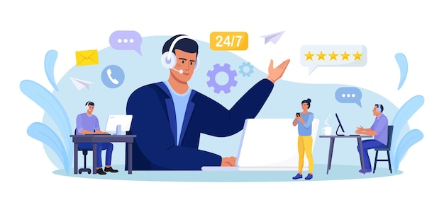 Atención al cliente Contáctenos Hombre con auriculares y micrófono con computadora portátil hablando con clientes El operador de la línea directa del servicio de asistente personal informa al cliente soporte técnico global en línea