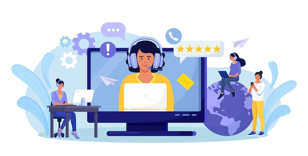 Atención al cliente. Contáctenos. Mujer con auriculares y micrófono hablando con clientes en la pantalla de la computadora. Servicio de asistente personal, el operador de la línea directa informa al cliente, soporte técnico en línea