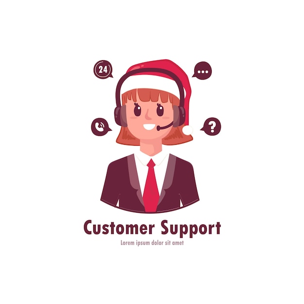 Vector atención al cliente femenina durante las vacaciones de navidad con icono de 24 horas, icono de teléfono de llamada, icono de preguntas y preguntas