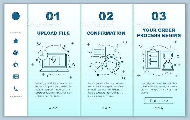 Vector atención al cliente incorporación de plantillas vectoriales de páginas web móviles subir archivo confirmación de procesamiento de pedidos servicio digital interfaz de sitio web de teléfono inteligente receptivo pantallas de paso de tutorial de página web