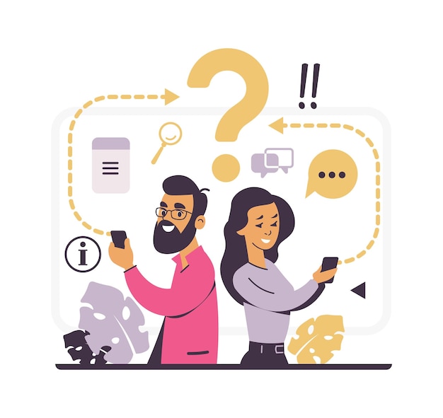 Atención al cliente y metáfora de la pregunta del foro Concepto de preguntas frecuentes La gente escribe sobre problemas para ayudar Hombre y mujer sostienen teléfonos inteligentes y signo interrogativo Servicio de consulta vectorial