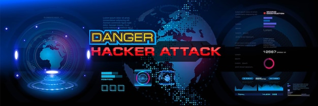 Atención ataque peligro para su computadora banner cibernético futurista con señal peligrosa y advertencia sobre la piratería de su computadora. hackeo no autorizado de sus datos a través de la red global de internet.