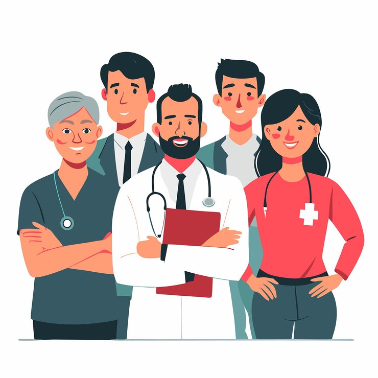 Vector atención médica colaborativa un equipo de profesionales de la salud unidos en la atención al paciente