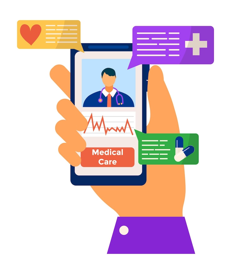Vector atención médica en línea moderna las veinticuatro horas el hombre sostiene el teléfono inteligente asistencia terapéutica remota