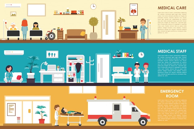 Atención médica y personal de la sala de emergencias plana hospital interior concepto web vector illustrati