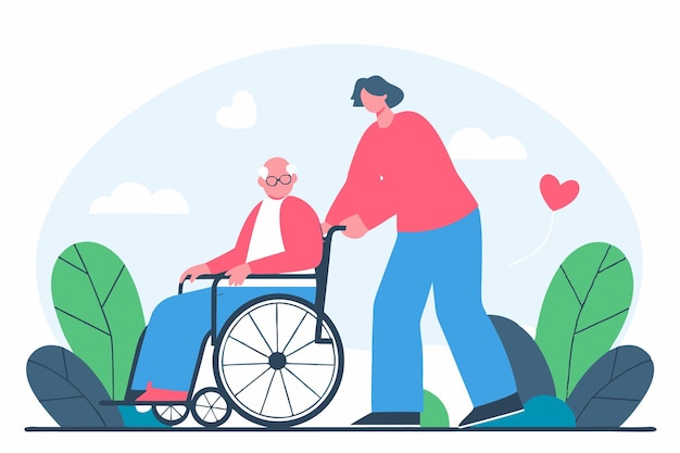 Atención social para los ancianos joven voluntario ayuda al anciano a montar en silla de ruedas y caminar arte de ilustración sobre fondo blanco