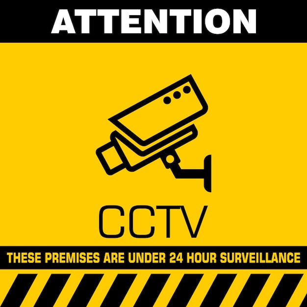Atención, vigilancia con cámara de video CCTV de servicio en todo momento, vector de señales