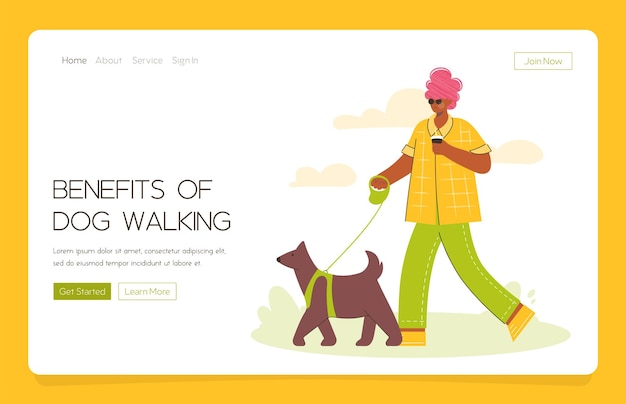 Aterrizaje de la aplicación web Mujer oscura africana feliz caminando con un perro en el parque Mes de caminar a tu perro Actividad al aire libre con mascota Ilustración de vector de moda en estilo plano