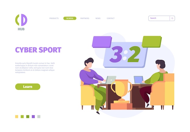 Aterrizaje del Cybersport. Computadora de torneo digital de juegos en línea y consola para videojuegos plantilla web de vector chillón. Torneo ciberdeportivo en línea, campeonato de competencia ilustración
