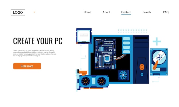 Aterrizaje de ensamblaje de PC para juegos Plantilla de página web de componentes de computadora personal con piezas y accesorios eléctricos Sitio web de Vector